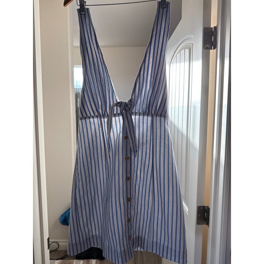 Blue Striped Linen Blend Tie Front Mini Dress Smocked Back Coastal Preppy Beach - Picture 2 of 11